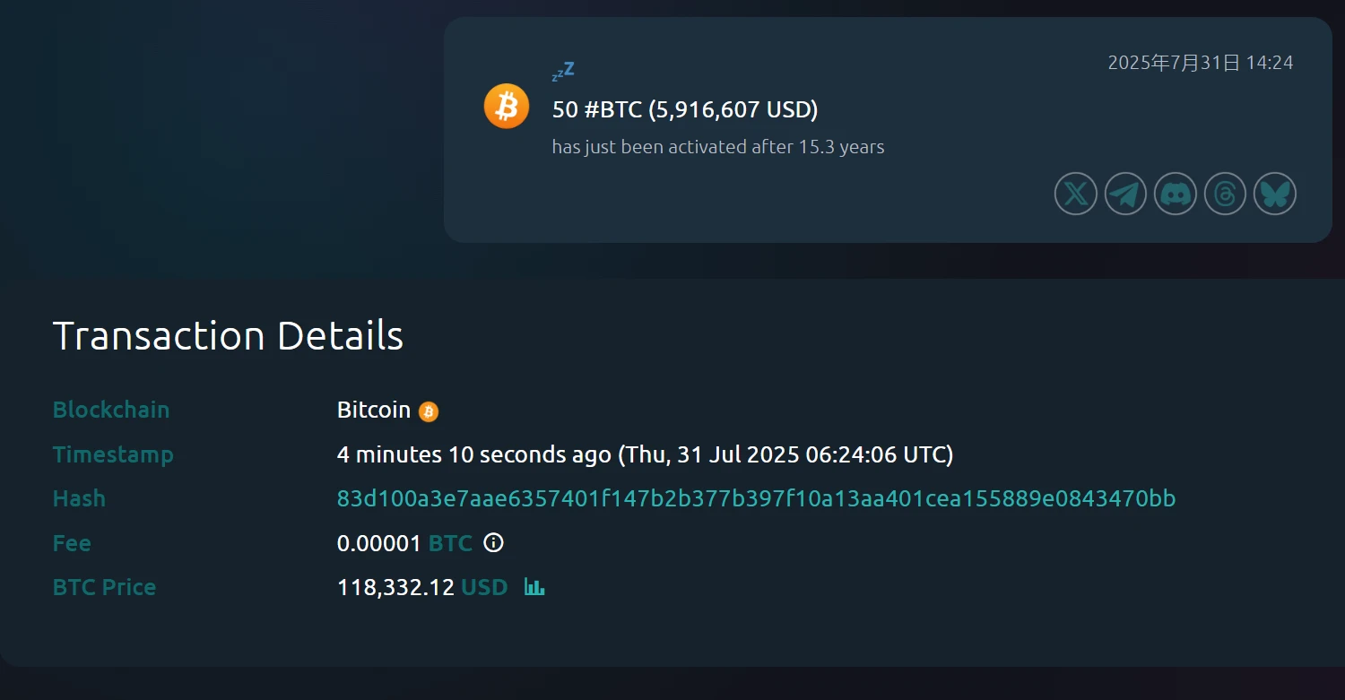 沉睡15.3年比特币钱包被激活，Whale Alert监测显示含50枚BTC