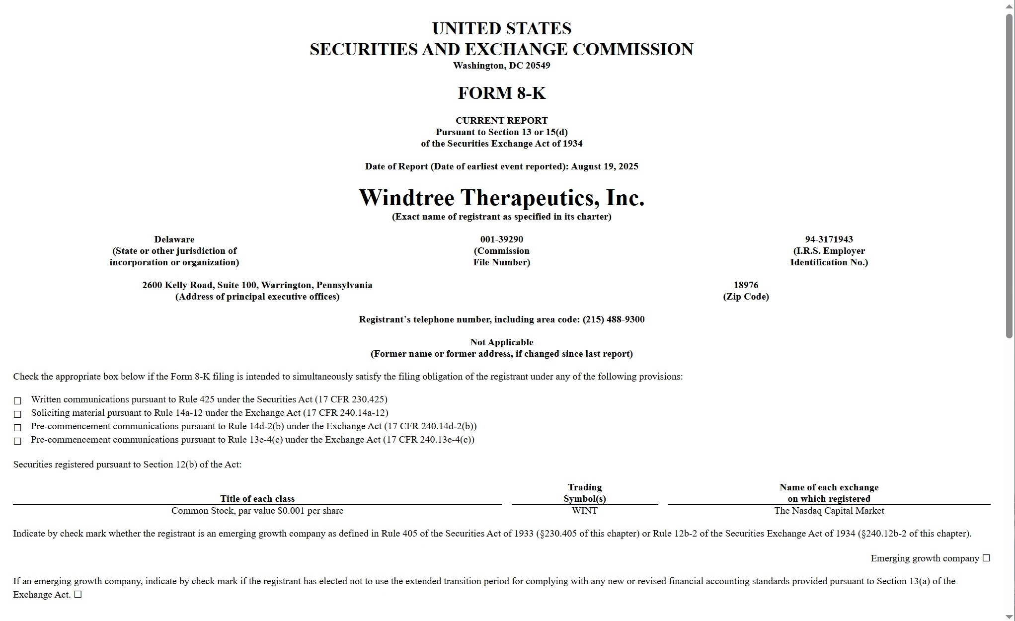 Windtree Therapeutics因未达标纳斯达克退市规定转至OTC市场