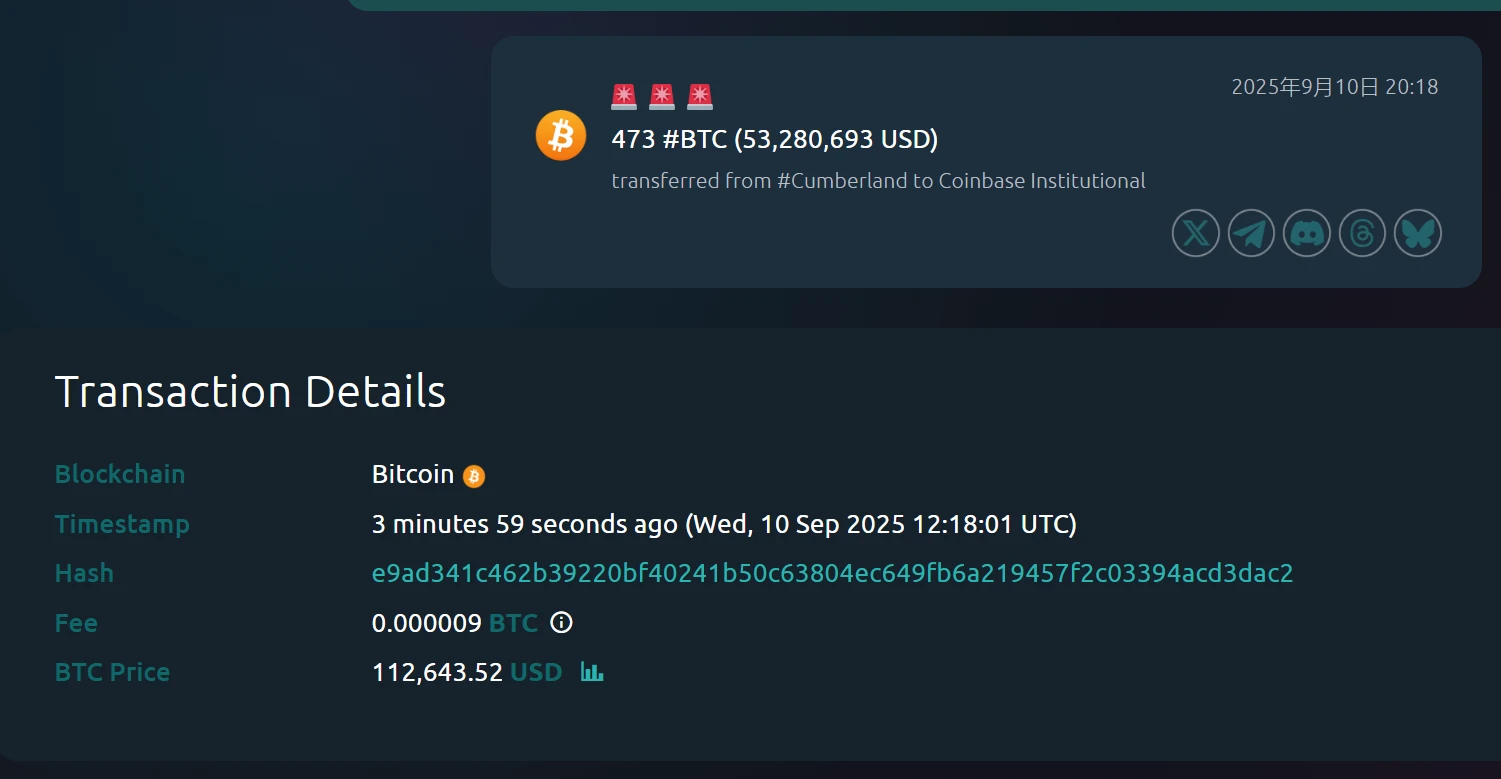 473枚BTC大额链上转移，价值逾5328万美元