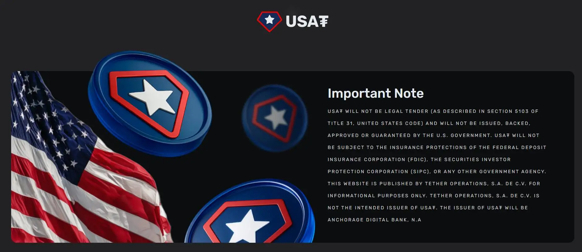 USAT官网声明：非法定货币，由Anchorage Digital Bank发行